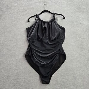 Lauren Ralph Women Swimwear‎ 22W Black One Piece Ruched Keyhole High Neck